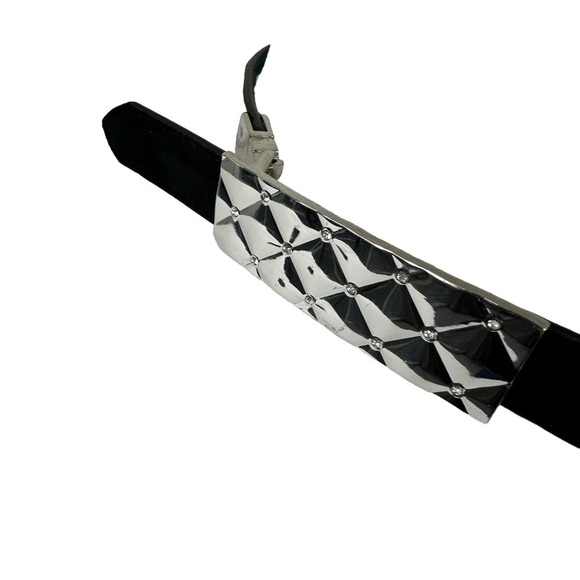 Black and Teal Blue Reversible Women's Designer Belt, Silver Buckle, M/L - Picture 8 of 14